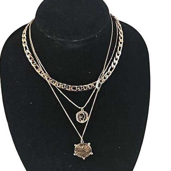 Women's Gold-Tone Multi-Layer Geometric Medallion Statement Necklace - NWOT - Picture 6 of 6